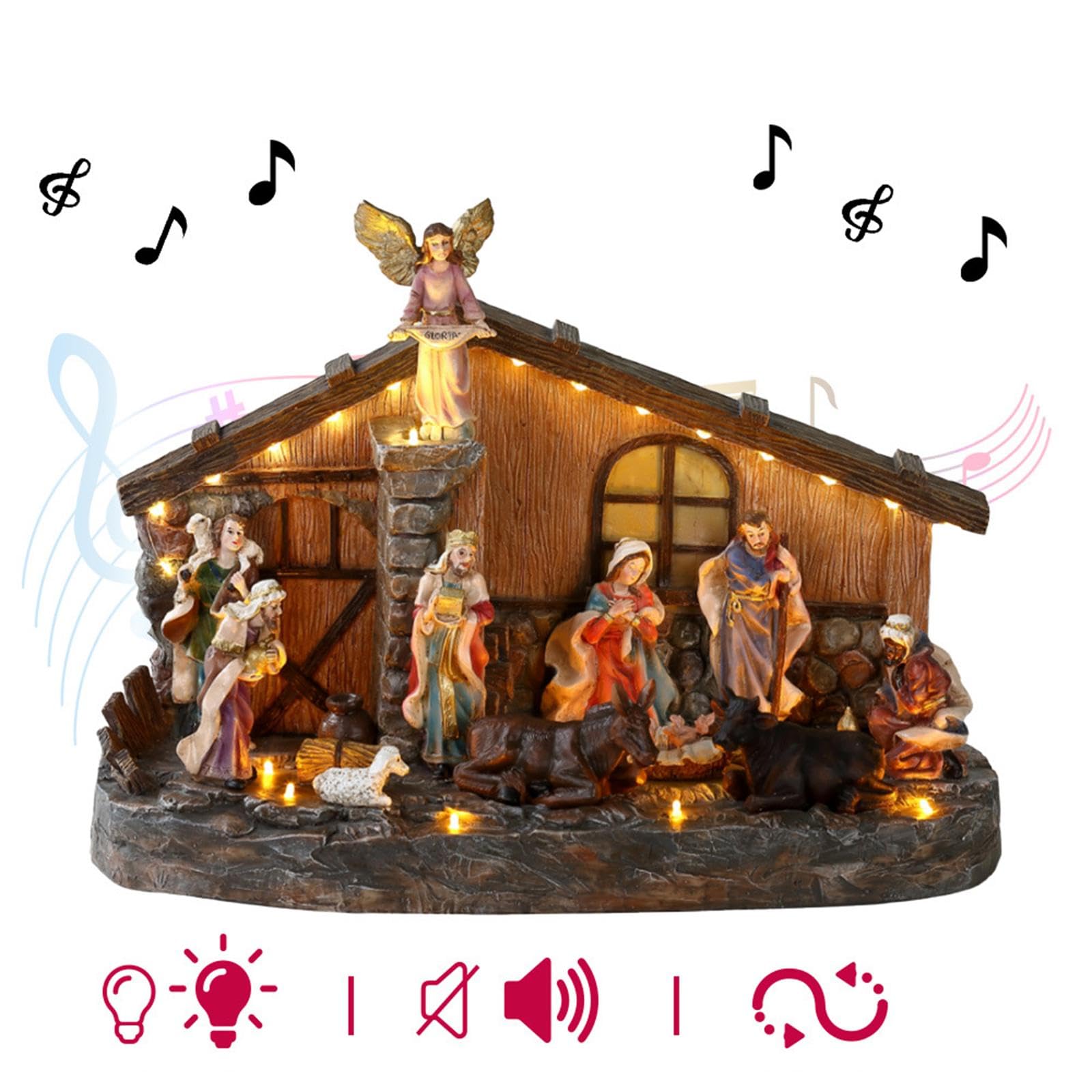Decorazione natalizia per presepe, decorazione per casa illuminata con musica per soggiorno, feste in casa