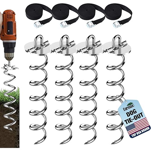 Eurmax USA 4-Pc Pack Spiral Stakes Heavy Duty Anchor Kit Ice Screw Anchor for Trampoline, Tents, tarps, Canopies,car Ports,Dog tie Out and etc Bonus Tie Down Straps 4-Pc Pack (Silver)
