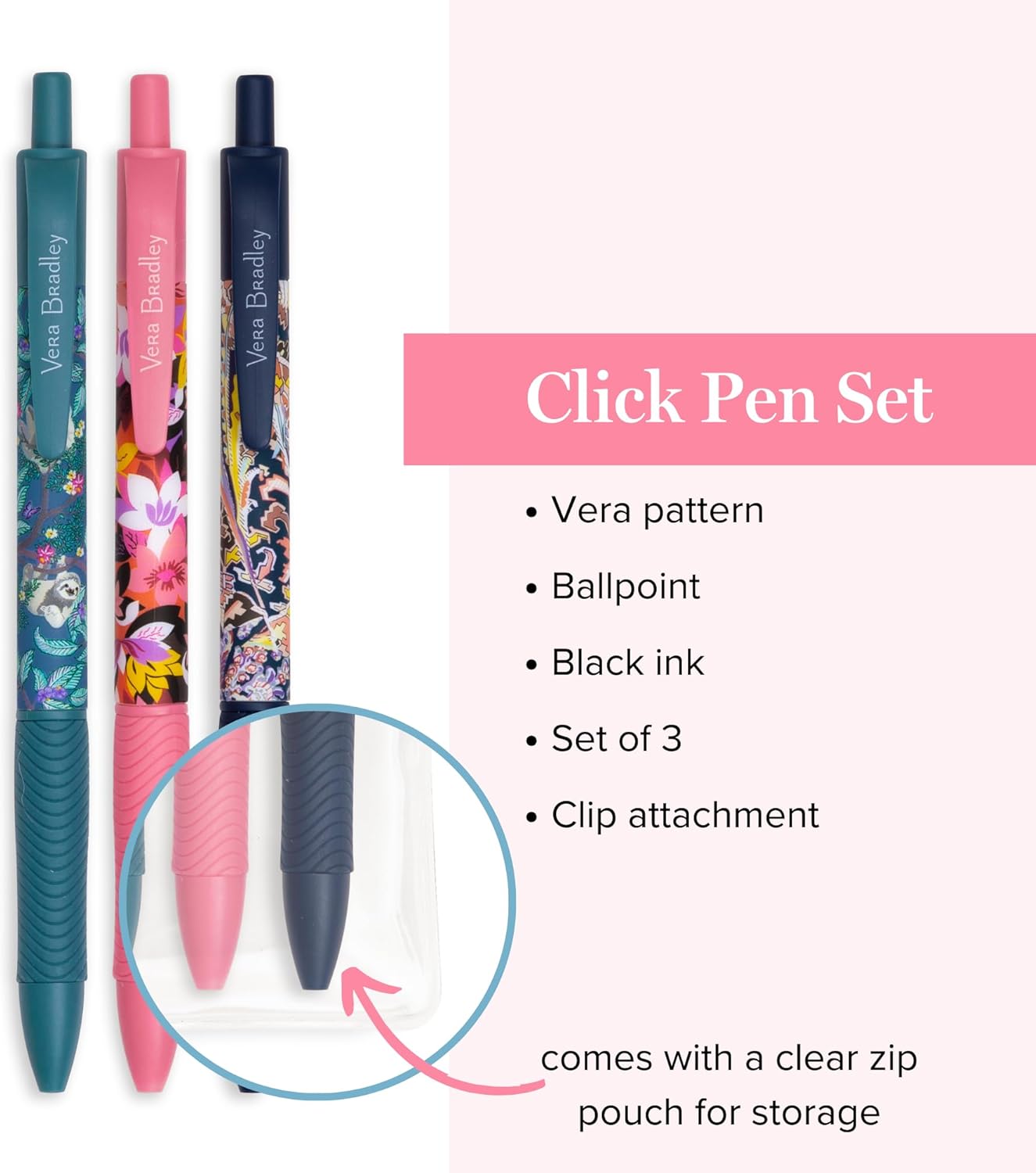 Vera Bradley Black Ink Pen Set of 3, Colorful Retractable Pens, Plastic Click Pens with Zip Pouch, Fall 21 Medley