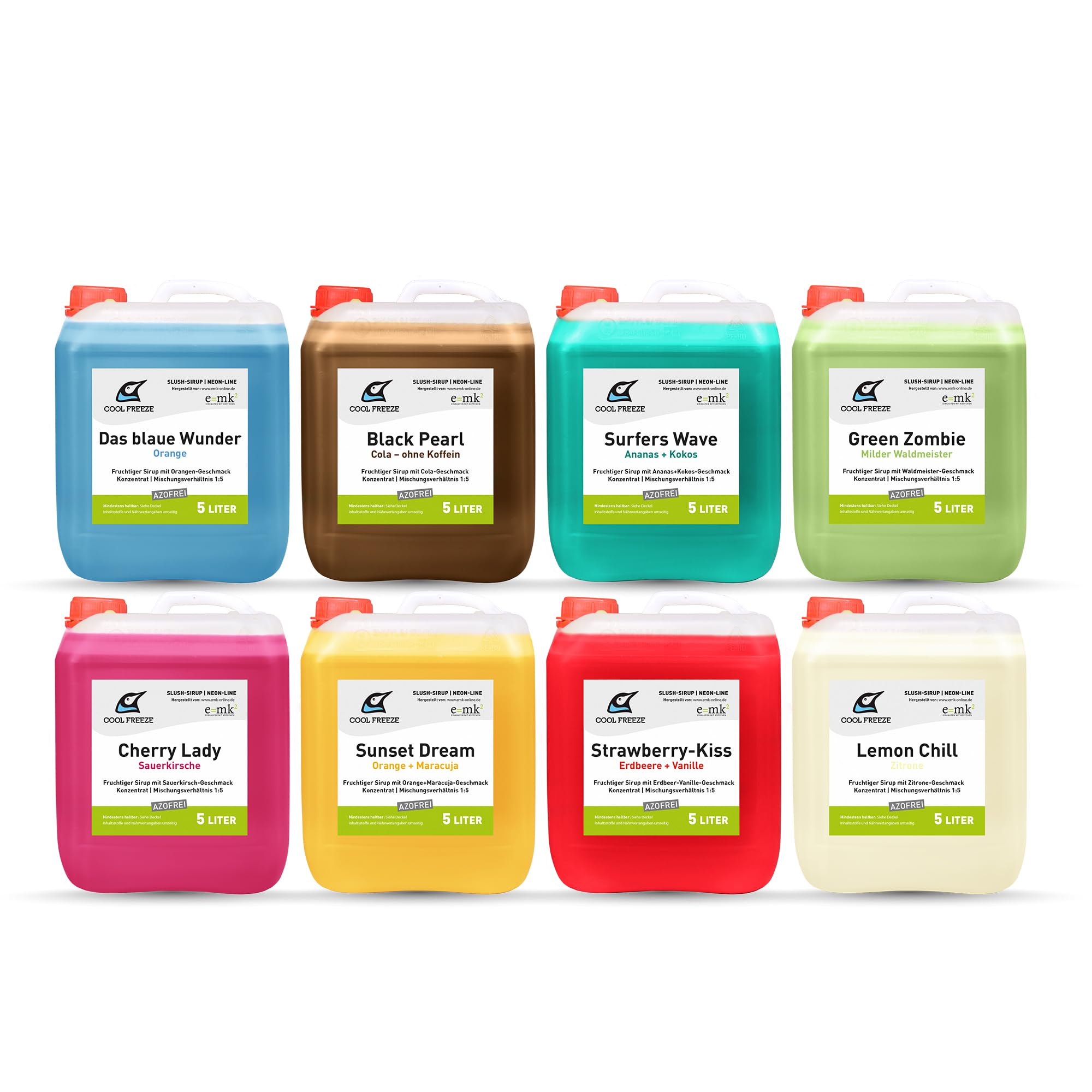 Slush-Sirup 8×5 L Set azofrei • Konzentrat von COOL FREEZE • Cola, Orange, Kokos, Waldmeister, Kirsche, Maracuja, Erdbeere, Zitrone • Ideal für Slushmaschine, Events, Partys, Sommer & Kinder