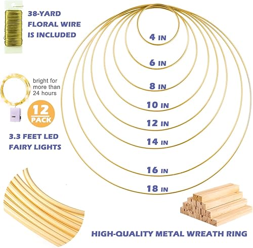 Miniatura 7 de Paquete de 12 aros florales con soporte y luces LED de 10 pulgadas, anillos de metal para centros de mesa, manualidades, anillos de macramé,