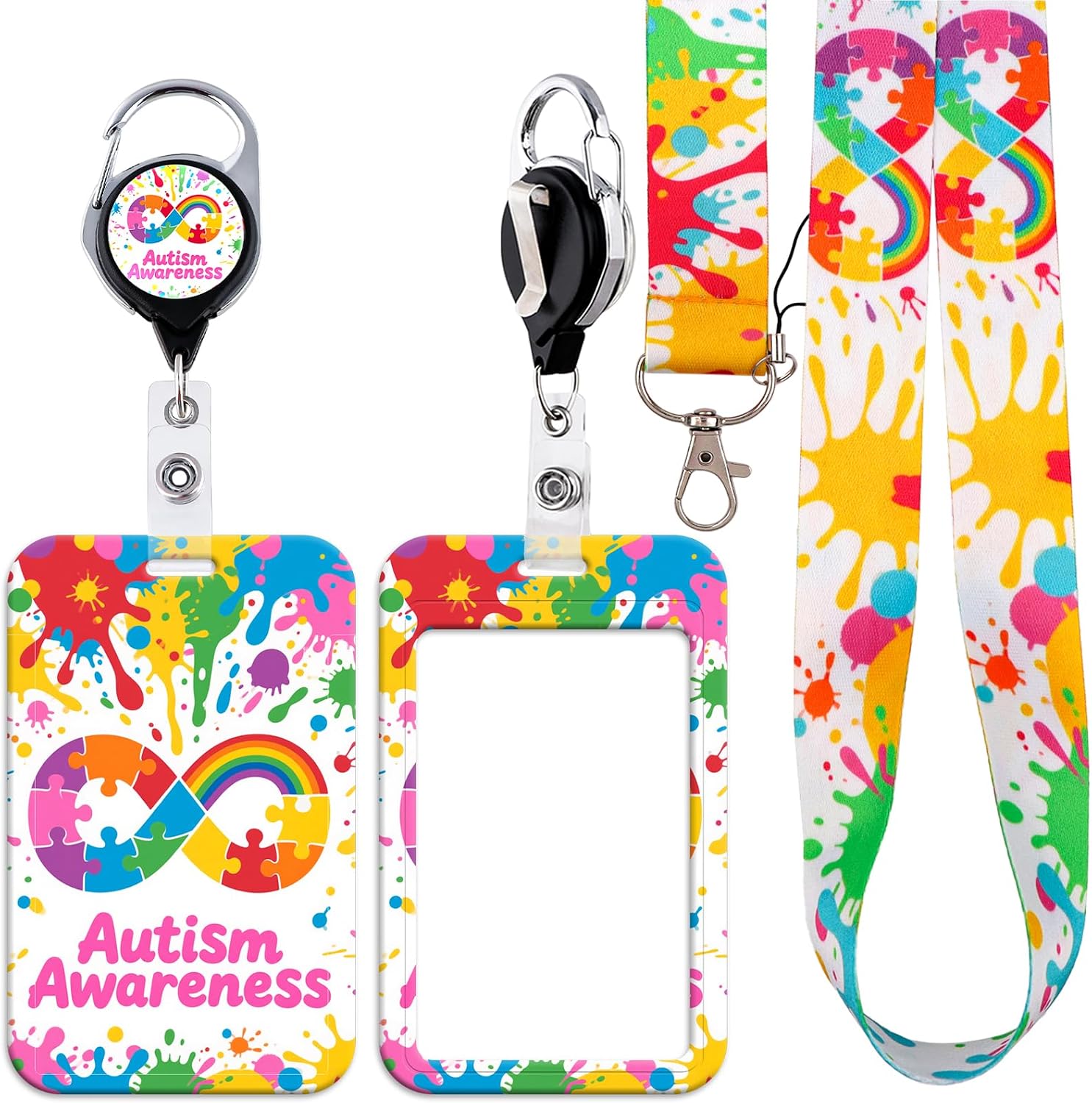 Autism Awareness ID Badge Holder with Lanyard, Puzzle Piece Infinity Symbol Design - Colorful Rainbow Teacher Accessories for Special Education, Unique Lanyards for Teacher, Students, Nurse