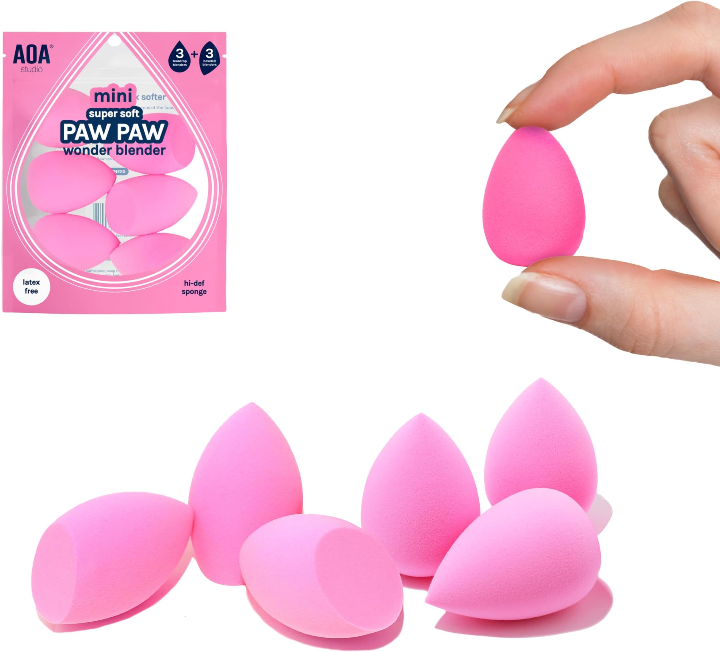 AOA STUDIO Collection MiNi Makeup Sponge Set Blender Latex Free and High-definition of 6 For Powder Cream Liquid, Super Soft Wonder Beauty Cosmetic 3 Tear Drop + Beveled Shape (Pink)
