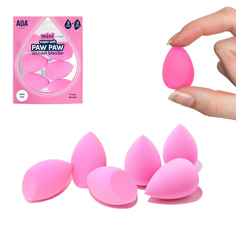 AOA STUDIO Conjunto de 6 esponjas mini para maquiagem, 3 em formato gota e 3 chanfradas, sem látex, rosa