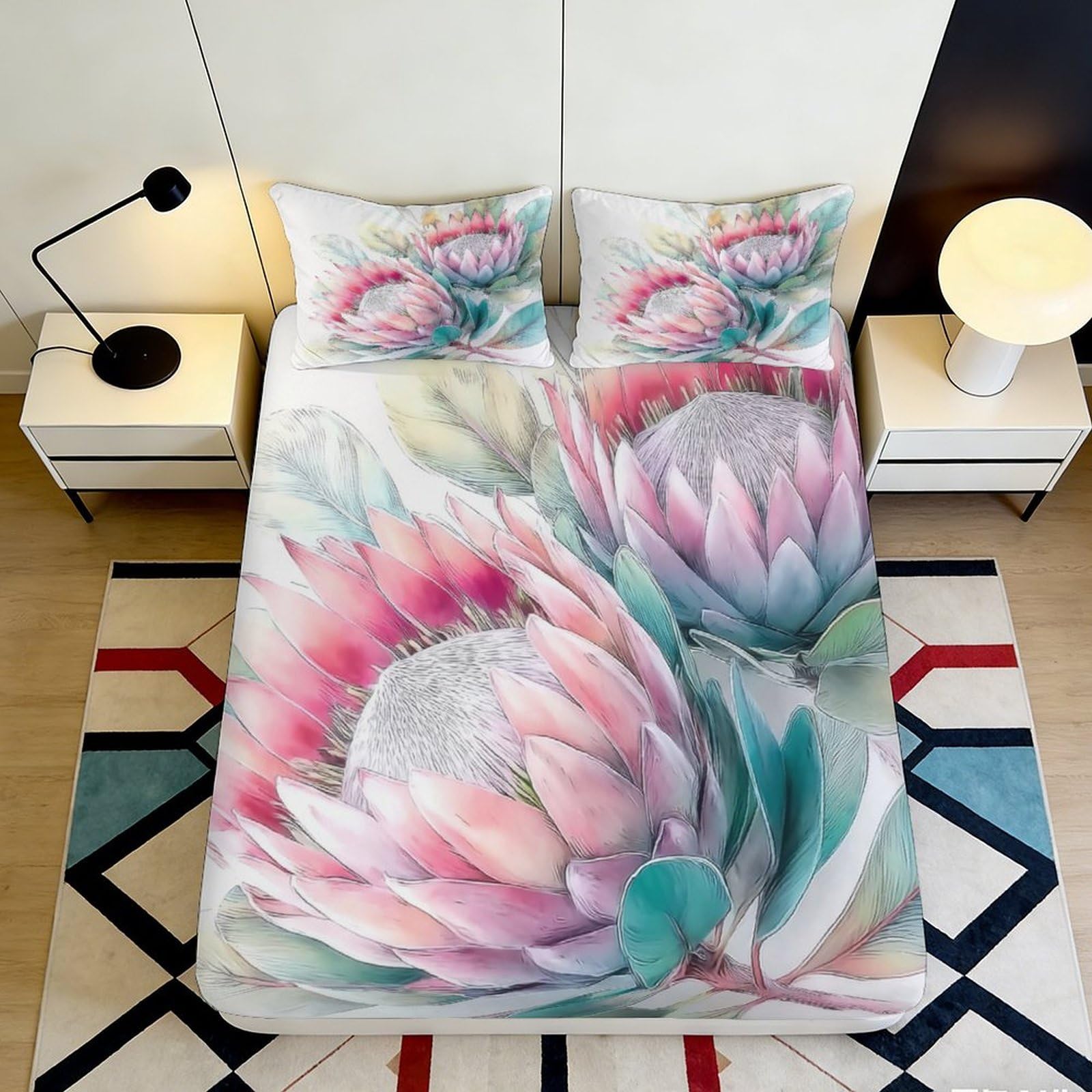 3D Printed Protea Flower Fitted Sheet Microfiber Soft Breathable Botanical Print Mattress Cover for Bedroom Dormitory Guest Room Mattress Protection Decor 160x200x25cm