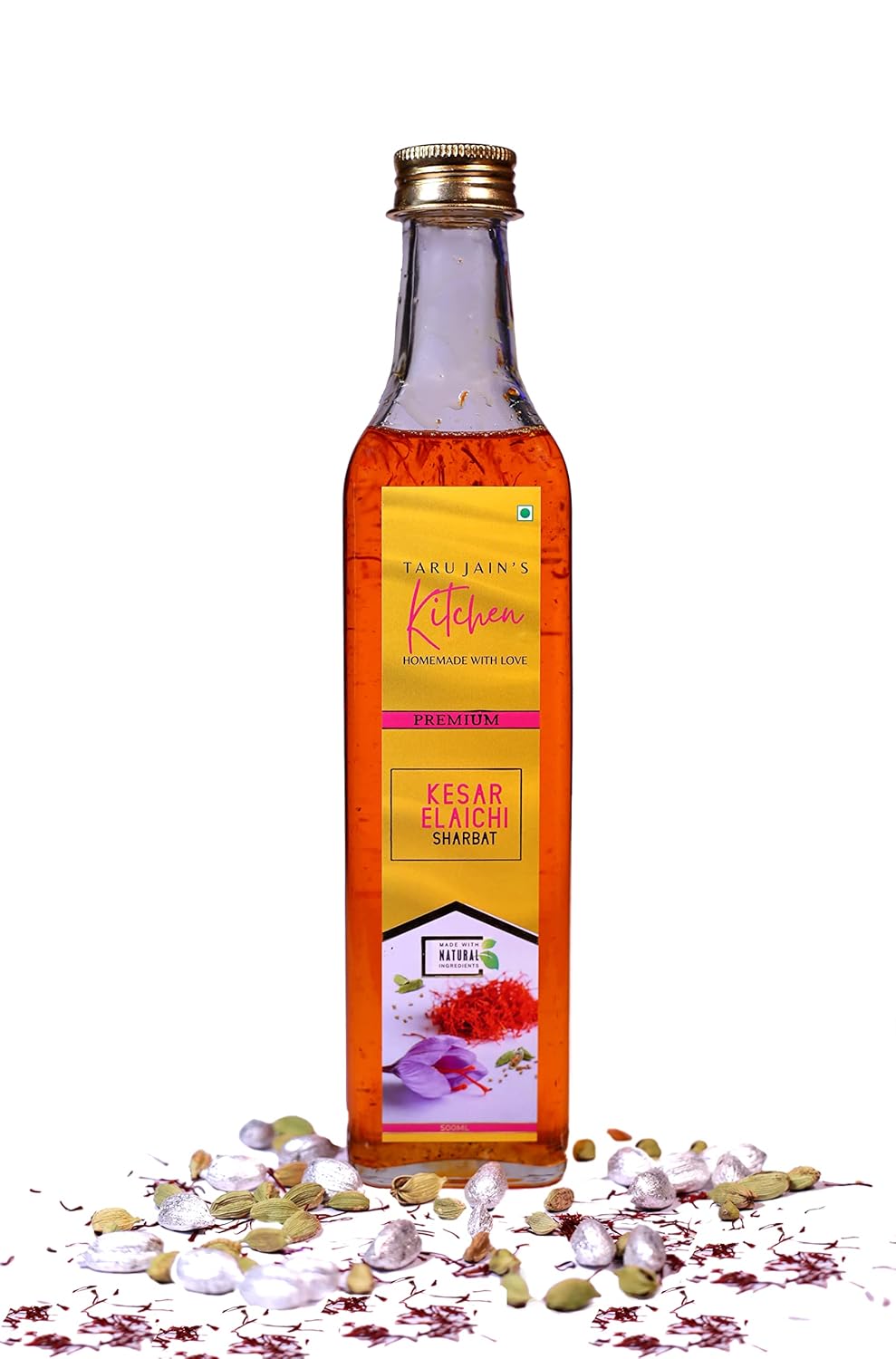 Taru Jain's Kitchen Kesar Elaichi Sharbat Syrup 500 ml, Premium Ready