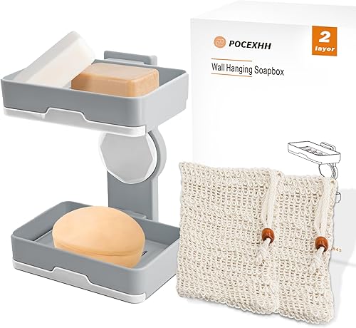 Miniatura 1 de POCEXHH Soporte de jabón montado en la pared, bandeja de jabón, impermeable, sin taladros, soporte giratorio extraíble para jabón de ducha para