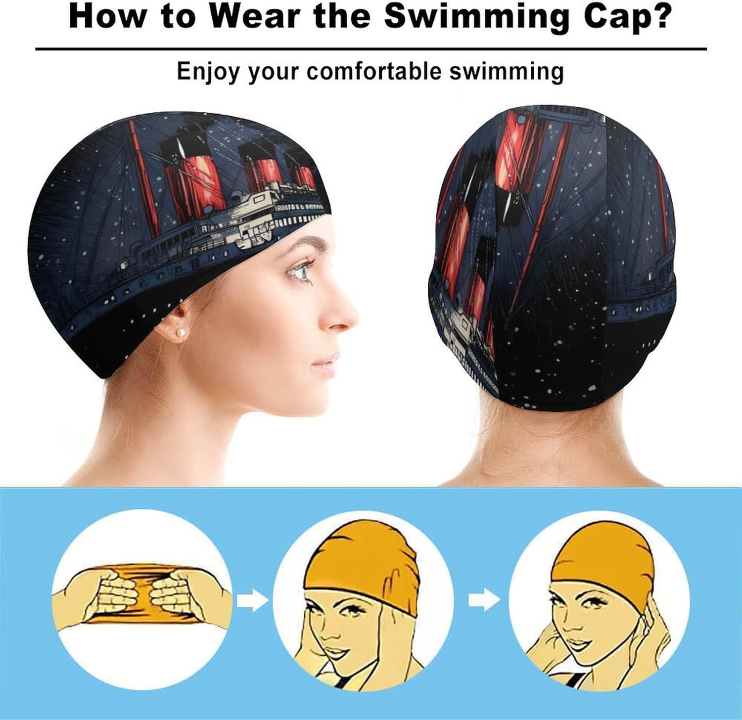 Titanic Ship Sinking Boat Sailboat Womens Swim Cap for Men Adult Swimming Hat Curly Short Medium Long Hair