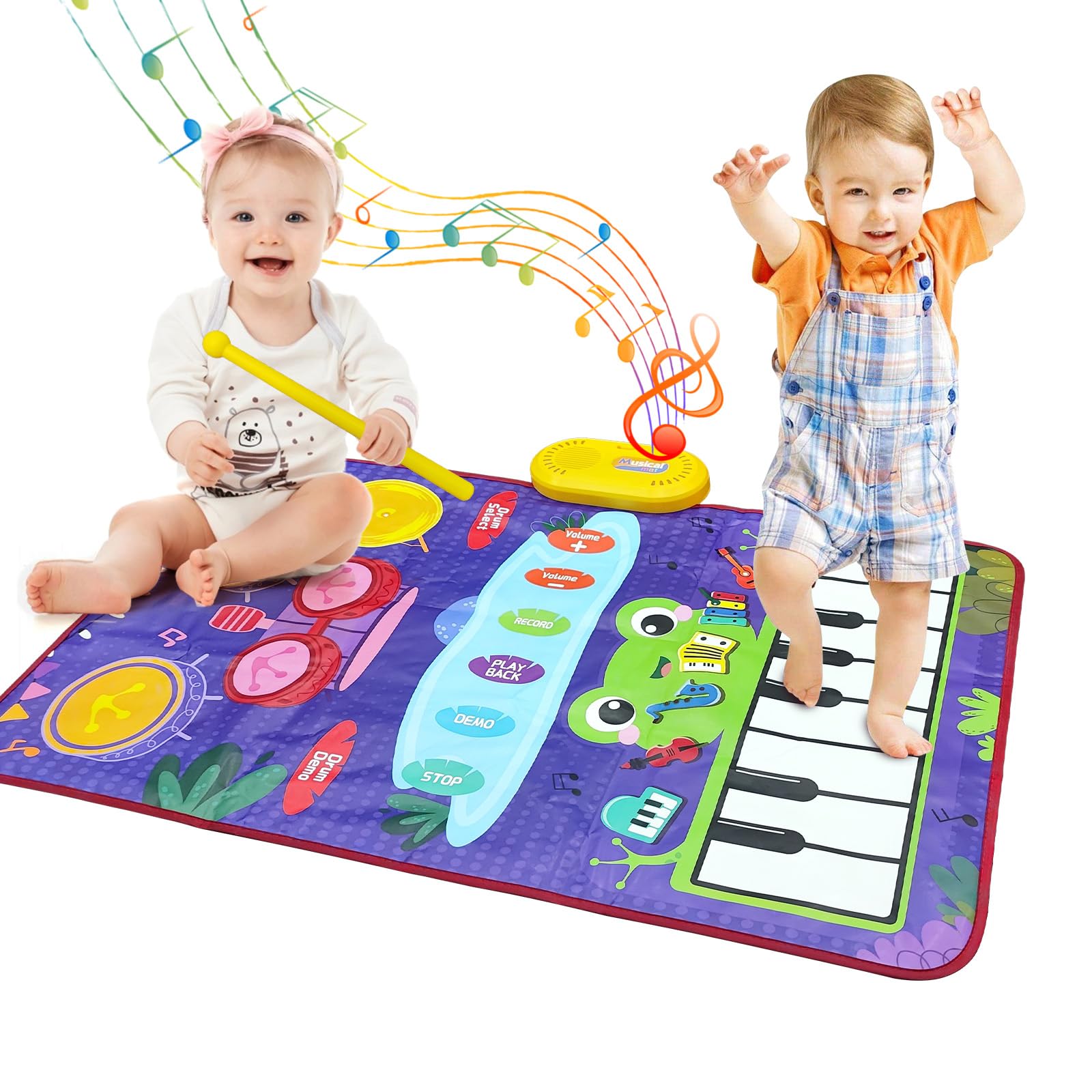 TUNJILOOL Alfombra de Música 2 en 1, Juguetes de Musicals de Tambor para Bebe,Juguetes Portátiles para Bebés 1 Año, Regalos Educativos para Niños Niñas 1 2 3 4 5Años (Azul)