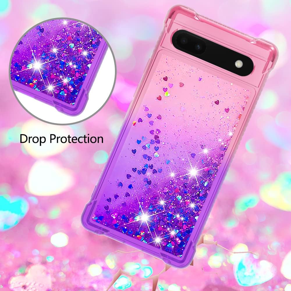 CAIYUNL for Pixel 6a Case, Google Pixel 6a Case with Tempered Glass Screen Protector, Women Girls Glitter Bling Sparkle Liquid Floating Cute Shockproof TPU Phone Cover for Google Pixel 6a-Purple Pink