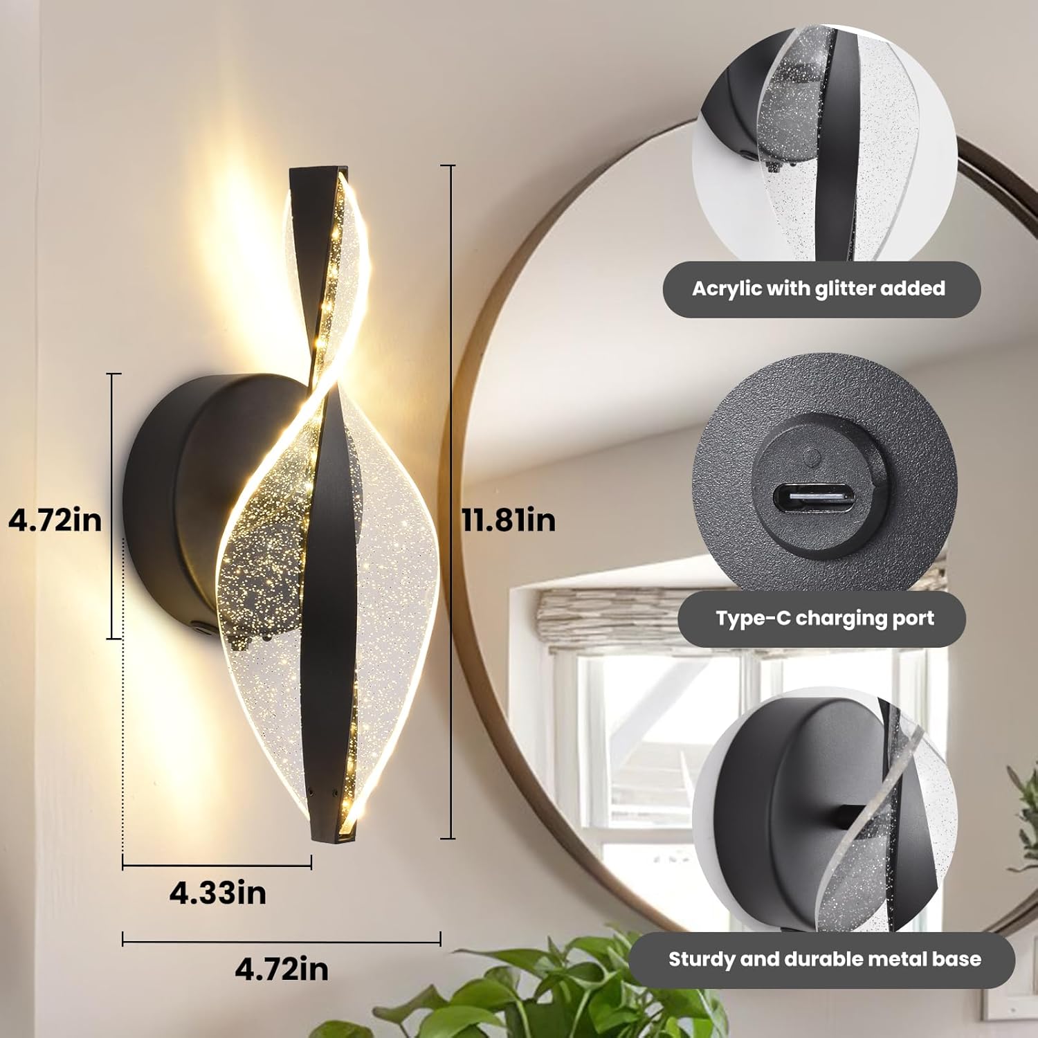 LED Wall Sconces Set of Two Battery Operated, 5000mAh USB Rechargeable Black Acrylic Wall Lights with Remote, Dimmable Wireless Wall Lamp for Living Room, Bedroom, Hallway,11.8 Inch