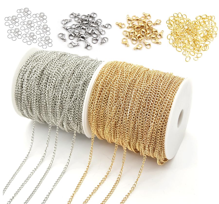 CRAFTS HAVELI Jewelry Making Kit – Silver & Golden Link Chain (5 Mtr Each) with Jump Rings & Lobster Clasps – DIY Necklace & Bracelet Supplies-image-4