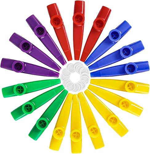 LovesTown Kazoos para niños, 18 piezas de plástico Kazoo con 20 piezas de diafragmas de flauta Kazoo, instrumentos musicales Kazoos para regalo y