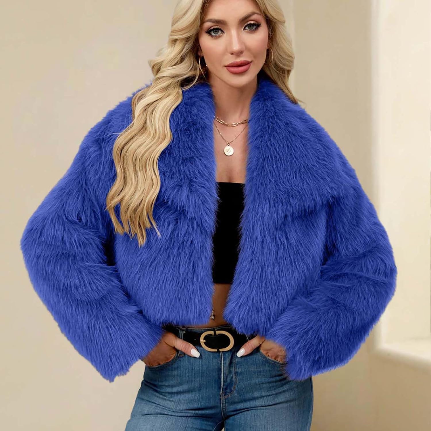 2025 Women's Faux Fur Coat Long Sleeve Fluffy Shaggy Jacket Collarless Casual Winter Warm Coat Outwear Cardigan