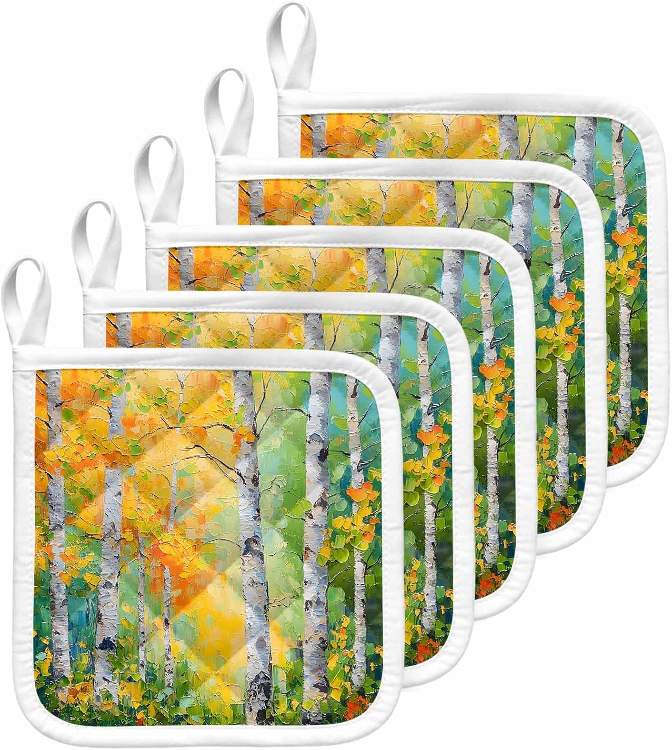 5 Pack Pot Holders for Kitchen, Modern Oil Painting Hot Pads for Kitchen Countertops Oven Pot Holder Bulk, Yellow Green Summer Botanical Heat Insulation Potholders with Hanging Loops