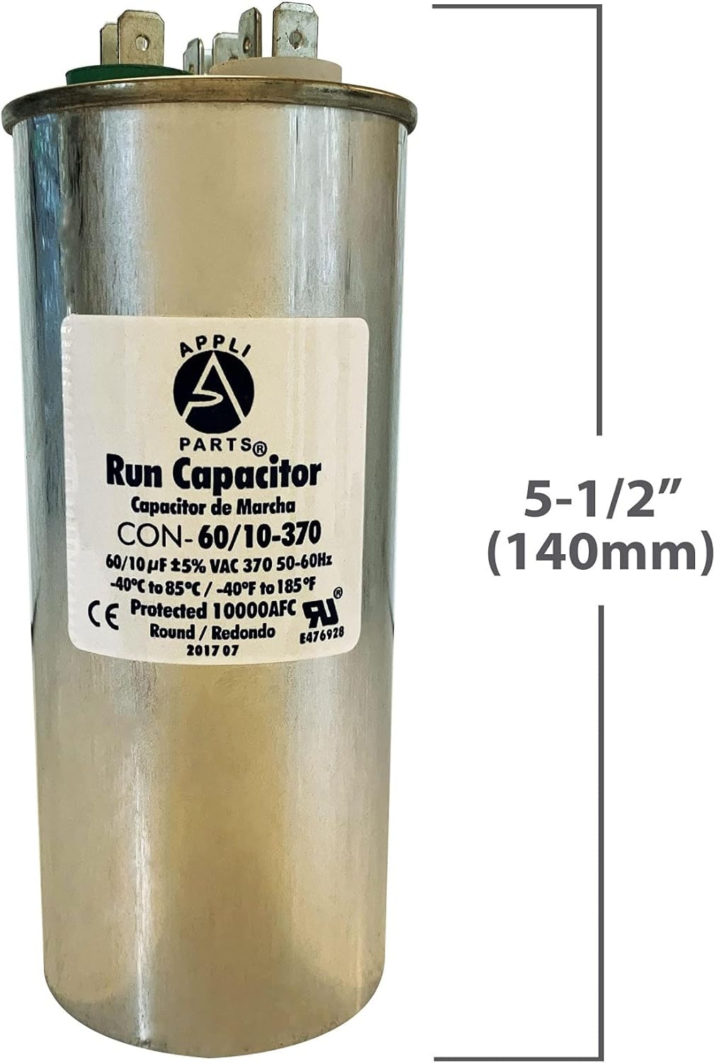 One-Day Sale: Up to 40% Off Appli Parts Dual Run Capacitor 60 + 10 Mfd uF (microfarads) 370 VAC Round 2-1/4 in. Wide 5-1/2 in. Height CON-60/10-370-R Replaces CAP-60/10-370-R