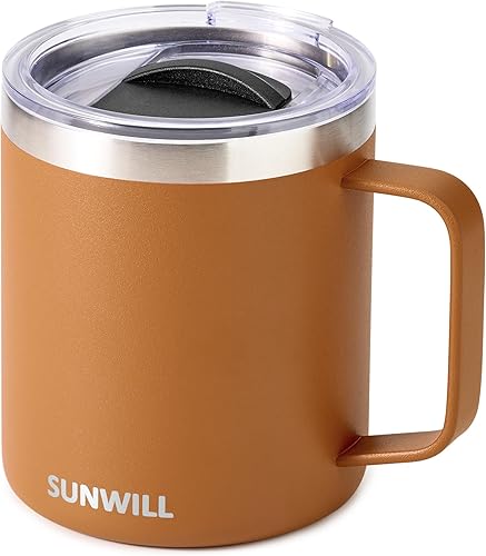 Vista 12 de SUNWILL Taza de café aislada con tapa, vaso de viaje con asa, taza de acero inoxidable de 14 onzas para campamento, oficina, hogar, recubrimiento
