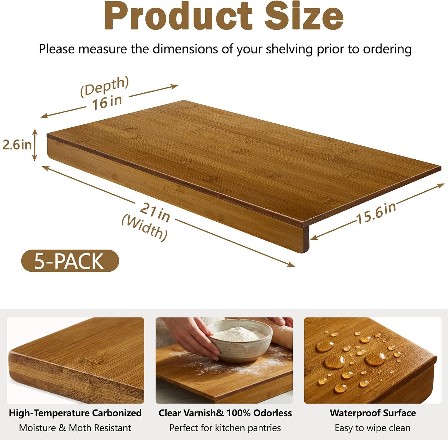 Solid Carbonized Bamboo Wire Shelf Covers for Wire Shelving, Wire Rack Covers for Pantry Shelves, Tool-Free & Snap-On (5pcs, 21" W x 16" D)