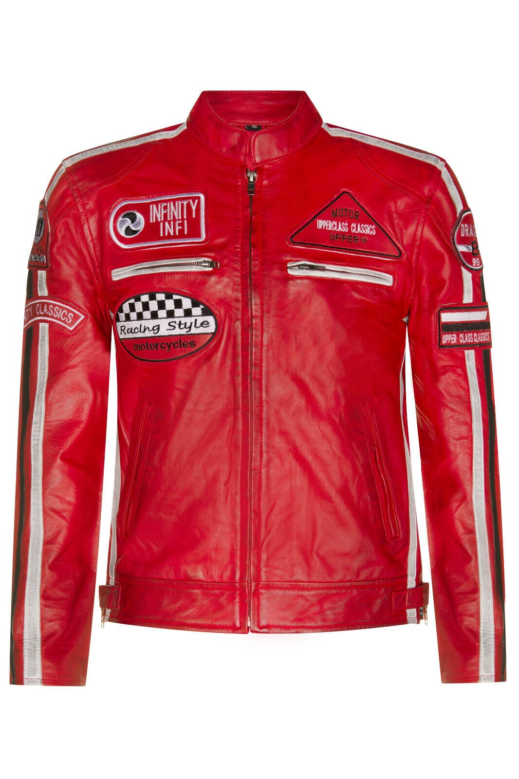 Mens Red Leather Biker Badges Racing Moto Jacket XS