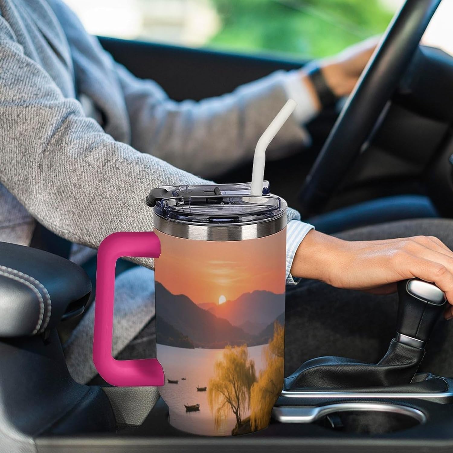 Travel Coffee Mug 40OZ Thermo Cups Thermos Cup Drink Cups Lakeside Dusk Weeping Willows Thermos with Cup with Handle Lid And Straw Suitable for Gifts Parties Offices Traveling