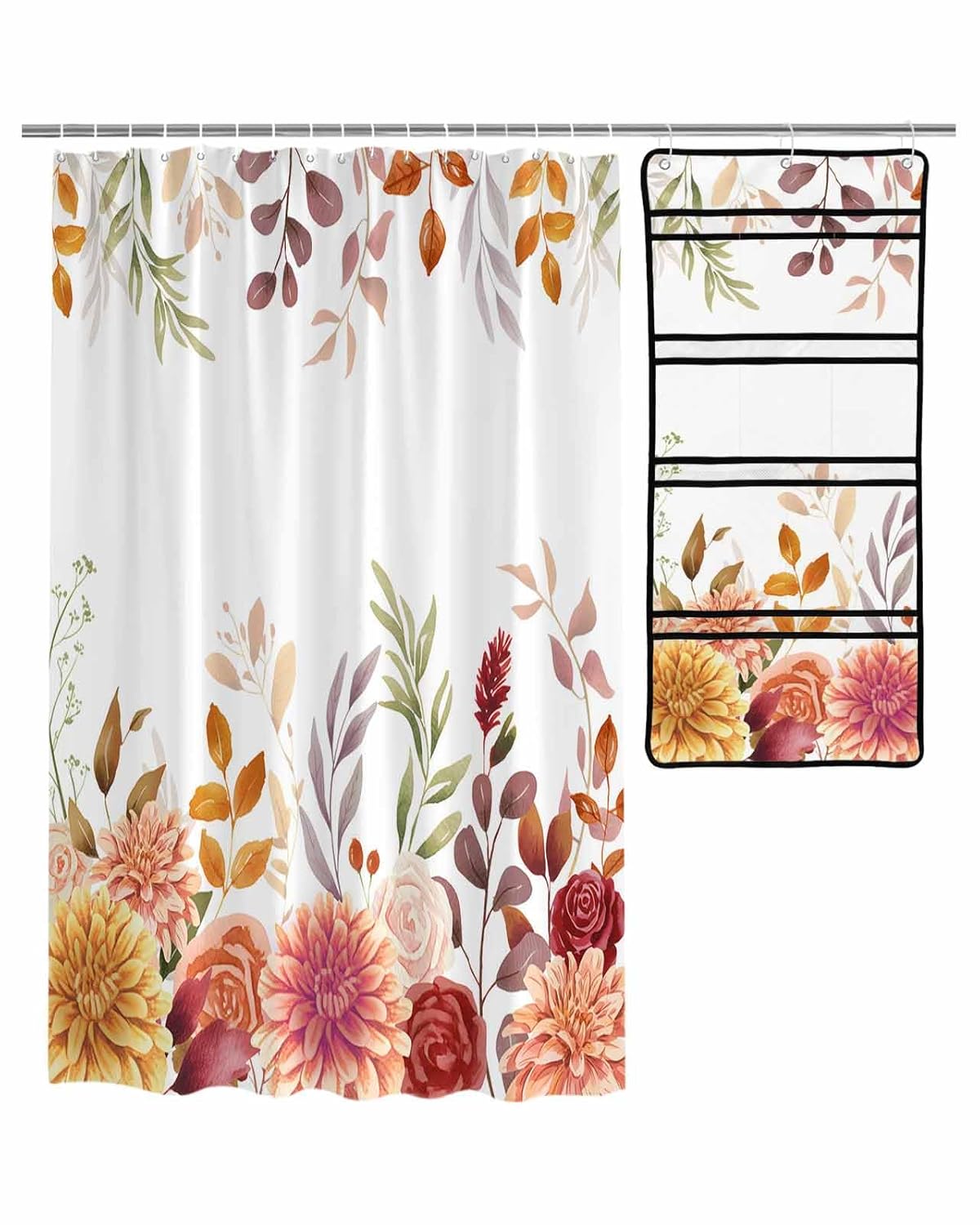 Decorative Shower Curtain Sets Thanksgiving Fall Fabric Waterproof Shower Curtains Vintage Autumn Flowers Eucalyptus Leaf White Mesh Shower