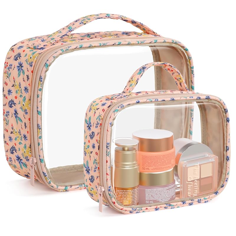 PACKISM Kit com 2 necessaires transparentes de maquiagem com estampa floral rosa