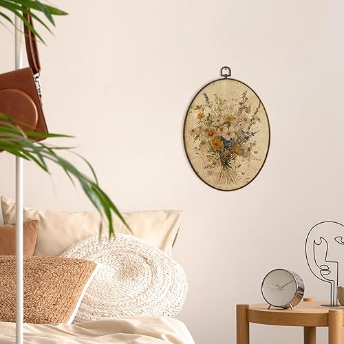 Miniatura 2 de MAQIKA Decoración de pared con marco ovalado de flores blancas bohemias, arte botánico de pared, ramo floral, decoración ovalada para colgar en la