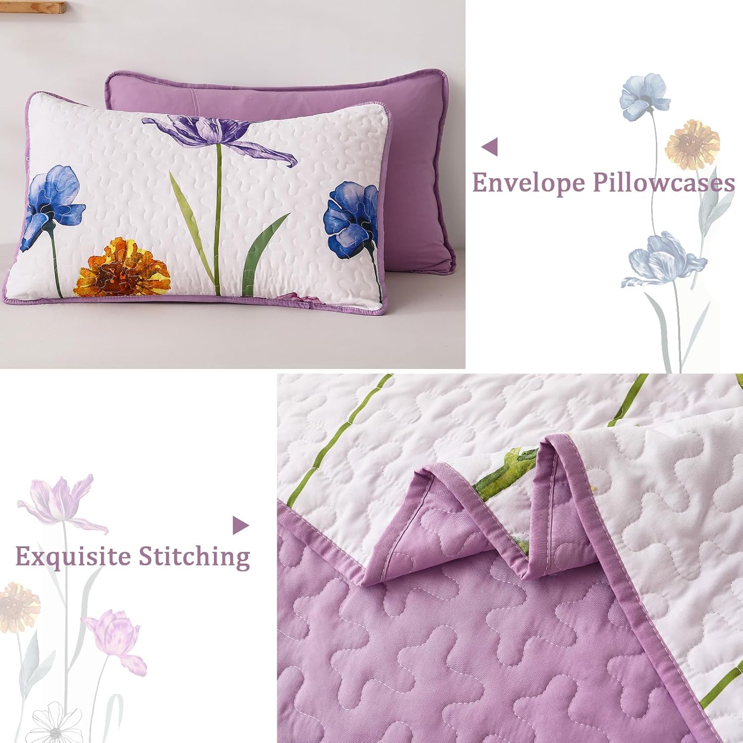 WONGS BEDDING Purple Quilt Set Queen Size,Floral Printed Bedspread Coverlet Bedding Set,3 Pieces Lightweight Farmhouse Spring Botanical Quilts Set (96"x90") - Image 5