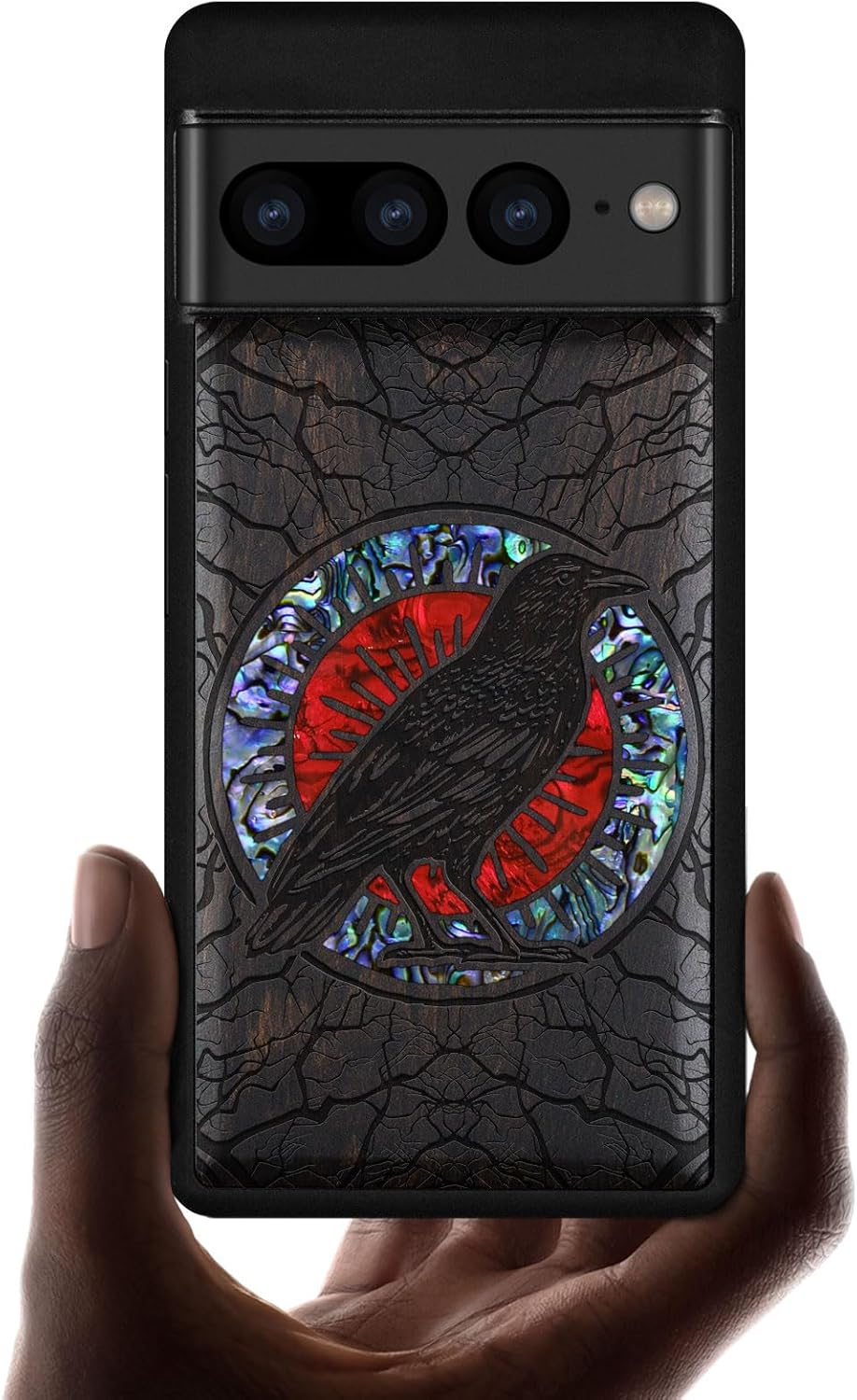 Carveit Designer Wooden Case for Google Pixel 7 Pro Case [Wood Engraving & Shell Inlay] Compatible with Wireless Chargers Pixel 7 Pro (The Haloed Crow-Blackwood)