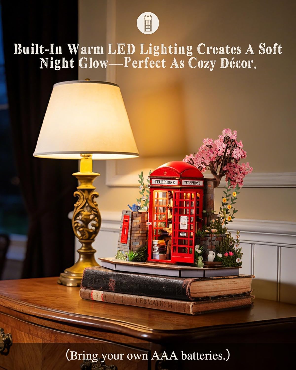 Rolife 3D Wooden Puzzle Vintage Style Model Kit, British-Style Telephone Booth Bookshelf DIY Building Toy for Adults, Model Building Kit, Fun Craft Home Decor Gifts for Adults Family