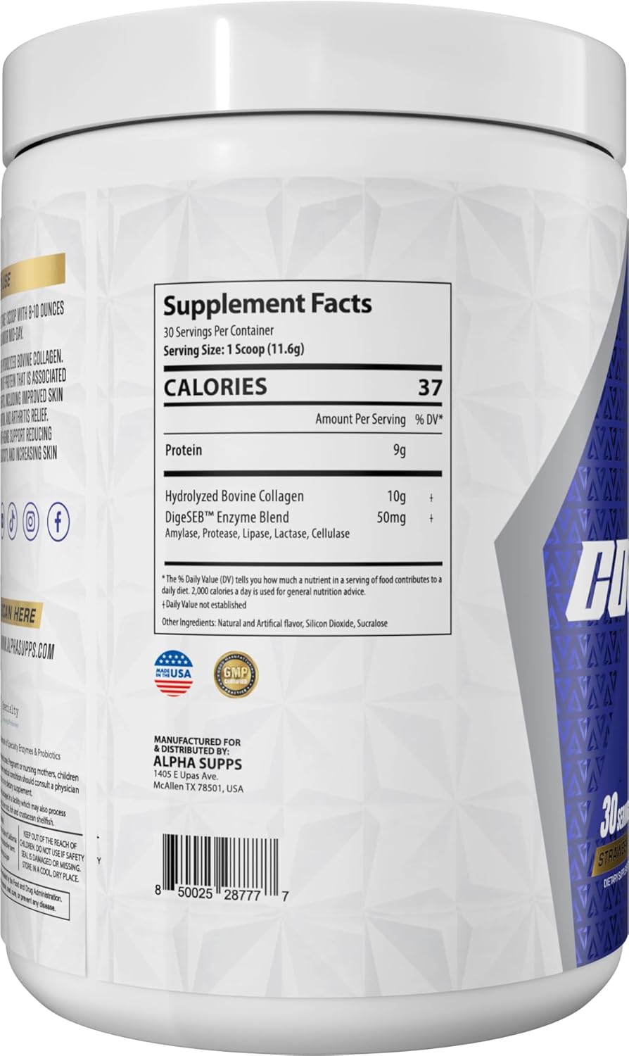 Alpha Supps Premium Hydrolyzed Collagen Protein Powder - Collagen Peptides Supplement for Men & Women with Digestive Enzymes - 30 Servings (Strawberry Lime)