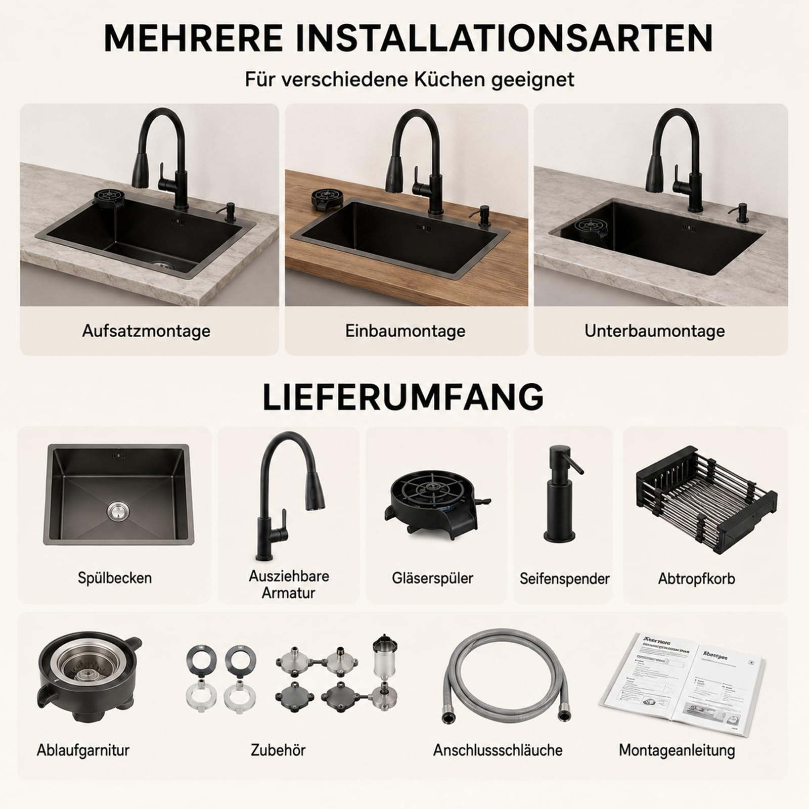 Lavandino 45 x 40 cm con rubinetto da cucina estraibile, lavastoviglie, dispenser di sapone e scolapiatti – Lavello da incasso multifunzione in acciaio inox 201 con rivestimento nano – Grigio Gun-