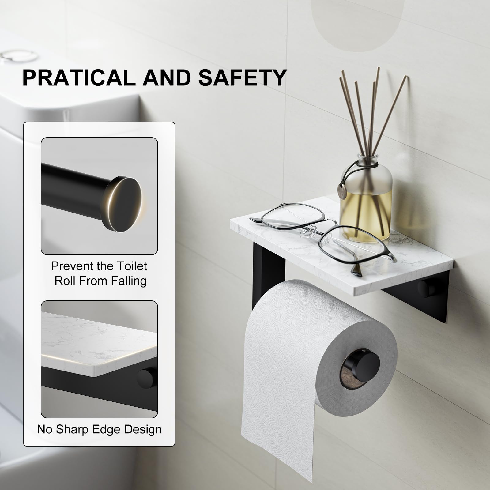 Matte Black Toilet Paper Holder with Marble Shelf Tissue Roll Holder — Amazon image 4