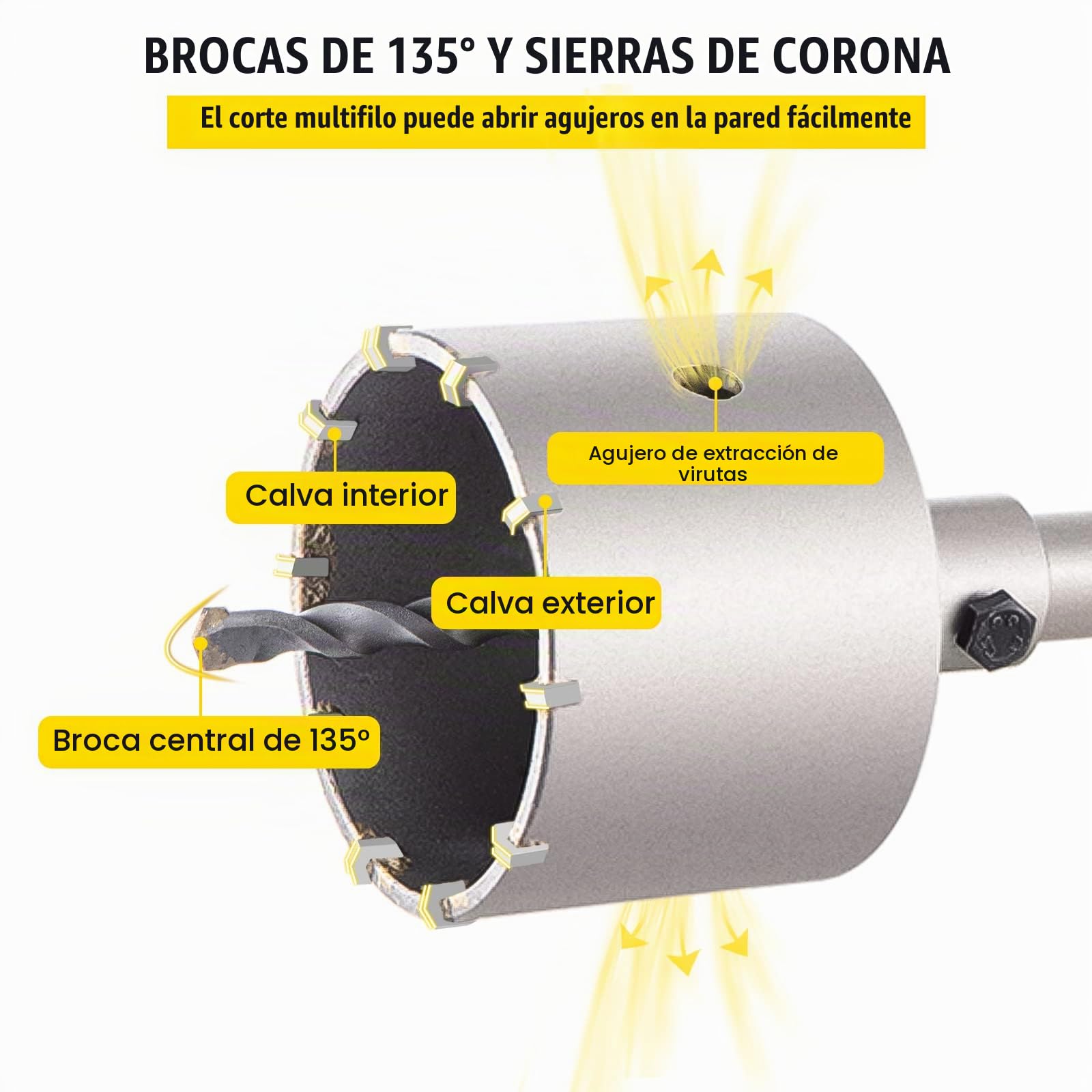VEVOR Sierra de Hormigón Corona 30-100 mm Broca de 1,2" a 3,9" y 135° SDS Max/SDS Plus
