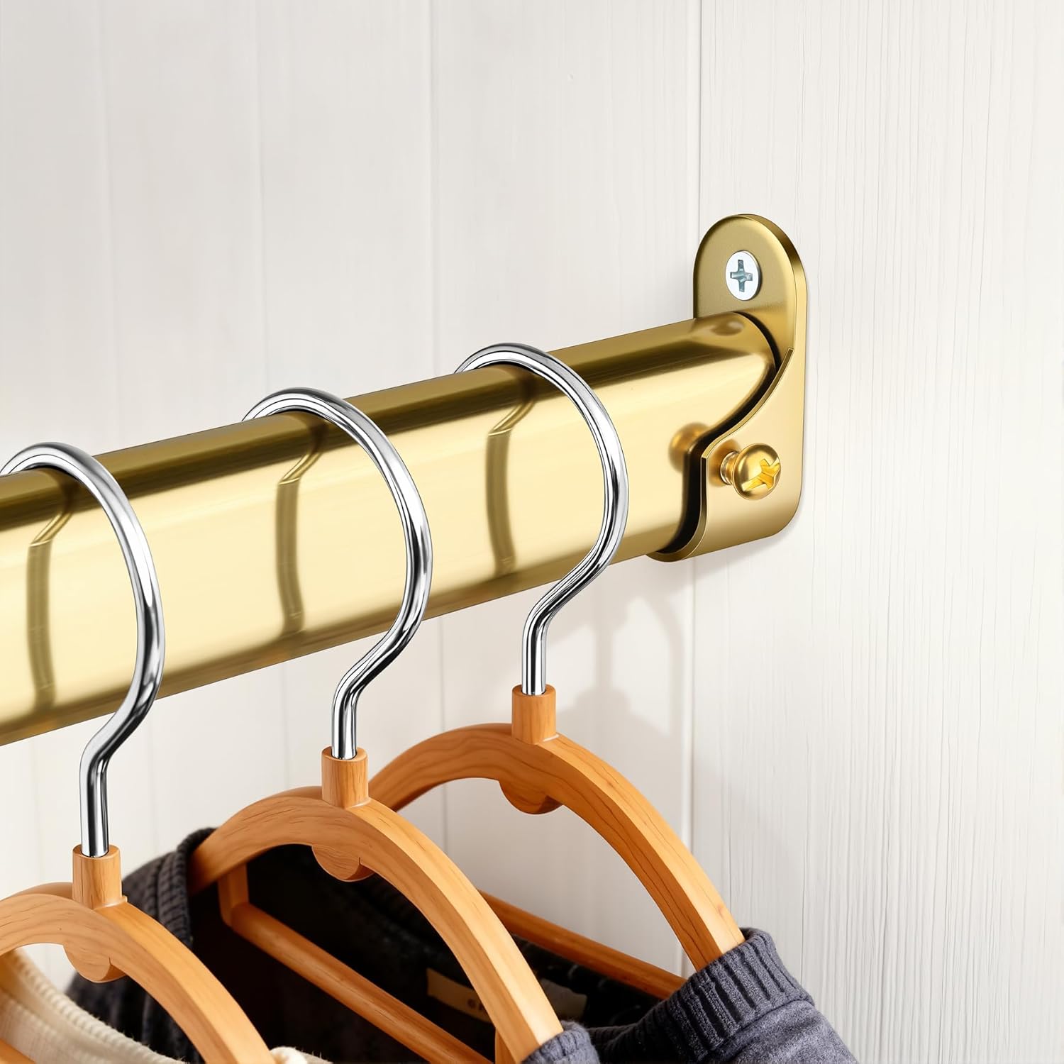 oval closet rod for hanging clothes 30 to 54.5 inch, includes end supports, adjustable wardrobe tube, heavy duty extendable closet pole, carbon steel, gold gold 30-54.5 in