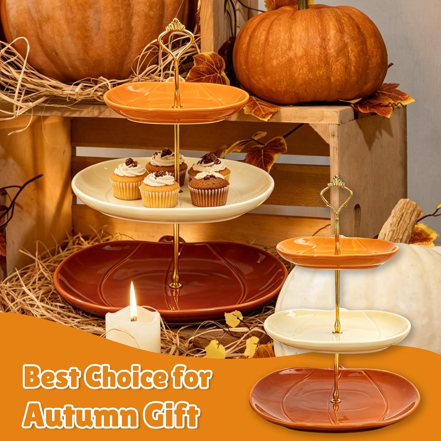 3 Tier Ceramic Pumpkin Serving Tray, 7" 9" 11" Thanksgiving Cake Holder