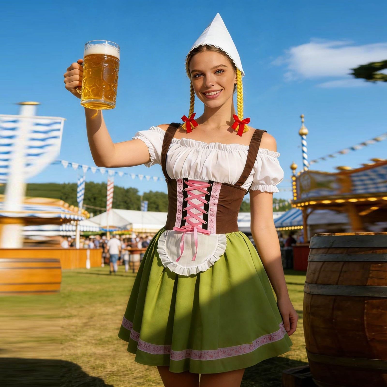 Damen Trachtenkleid Dirndlkleid Midi mit Dirndlschürze Trachtenmode Oktoberfest Outfit Traditionelles Oktoberfest für Elegantes deutsches Bierfest Cosplay mit Schürze Bluse Costume