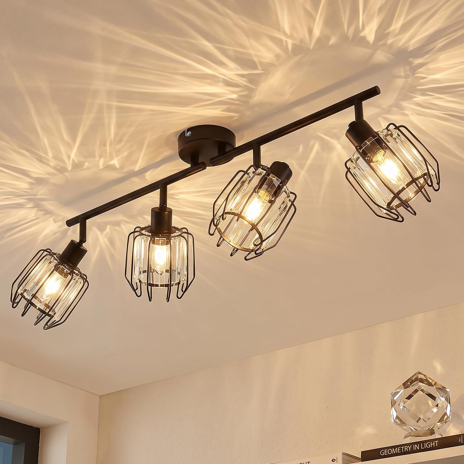 LVWIT Deckenstrahler 4 Flammig Deckenlampe Vintage - Wohnzimmer Deckenleuchte Schwarz Kristall Design Retro Strahler E14 Metall Wohnzimmerlampe Spots für Schlafzimmer Küche Flur(Ohne Leuchtmittel)