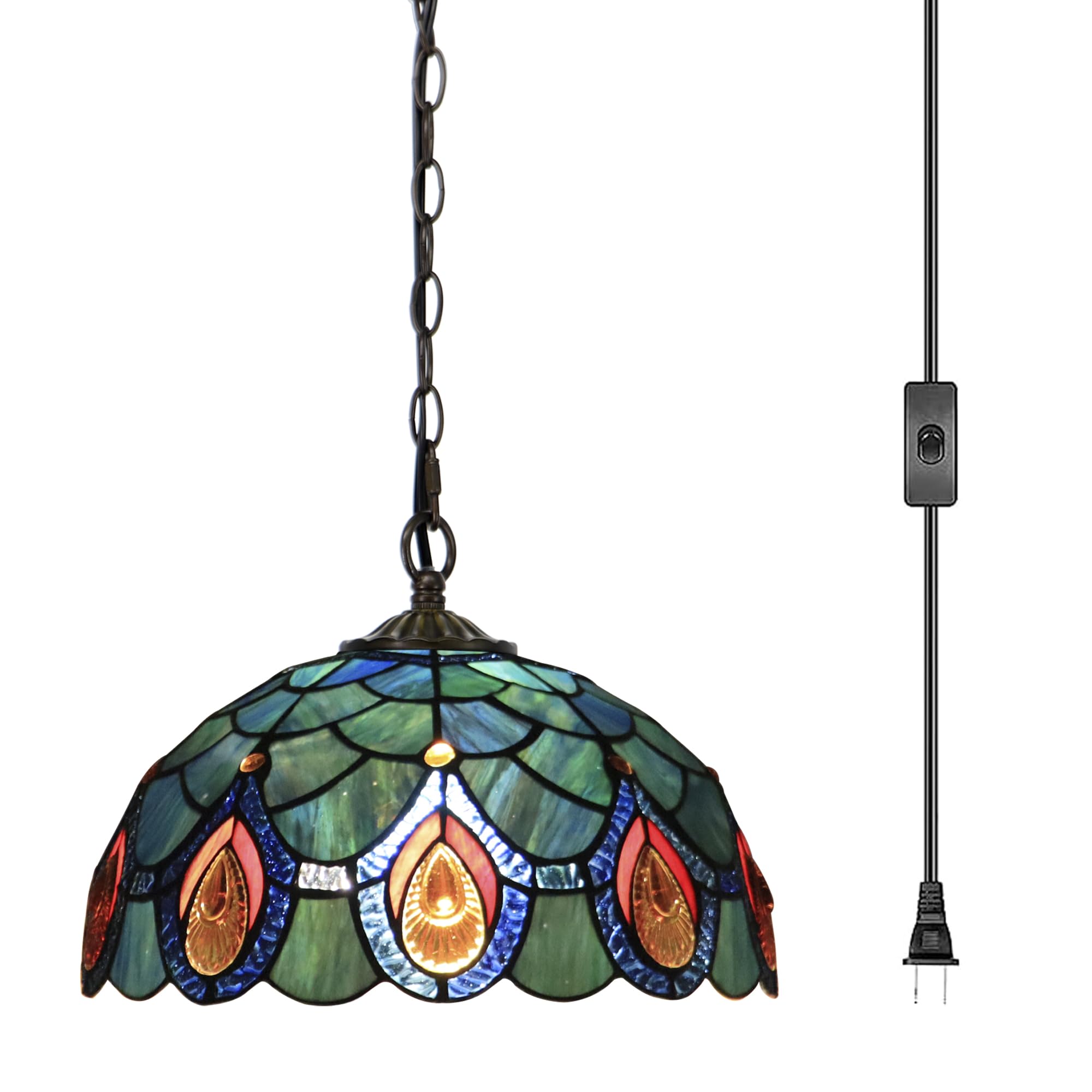HWDFEI Tiffany Pendant Light Plug in Stained Glass Hanging lamp 12X12X181 Inch Hanging Lamp Living Room Bedroom Kitchen Dining Room Office(Brown