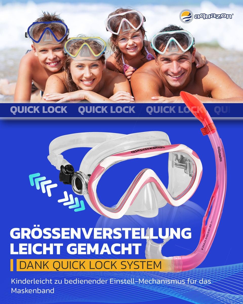AQUAZON KORFU Wysokiej jakości zestaw do snorkelingu, zestaw do nurkowania, zestaw do pływania, gogle do snorkelingu ze szkłem hartowanym, fajka z półsuchym topem dla dzieci, młodzieży od 7-12 lat.