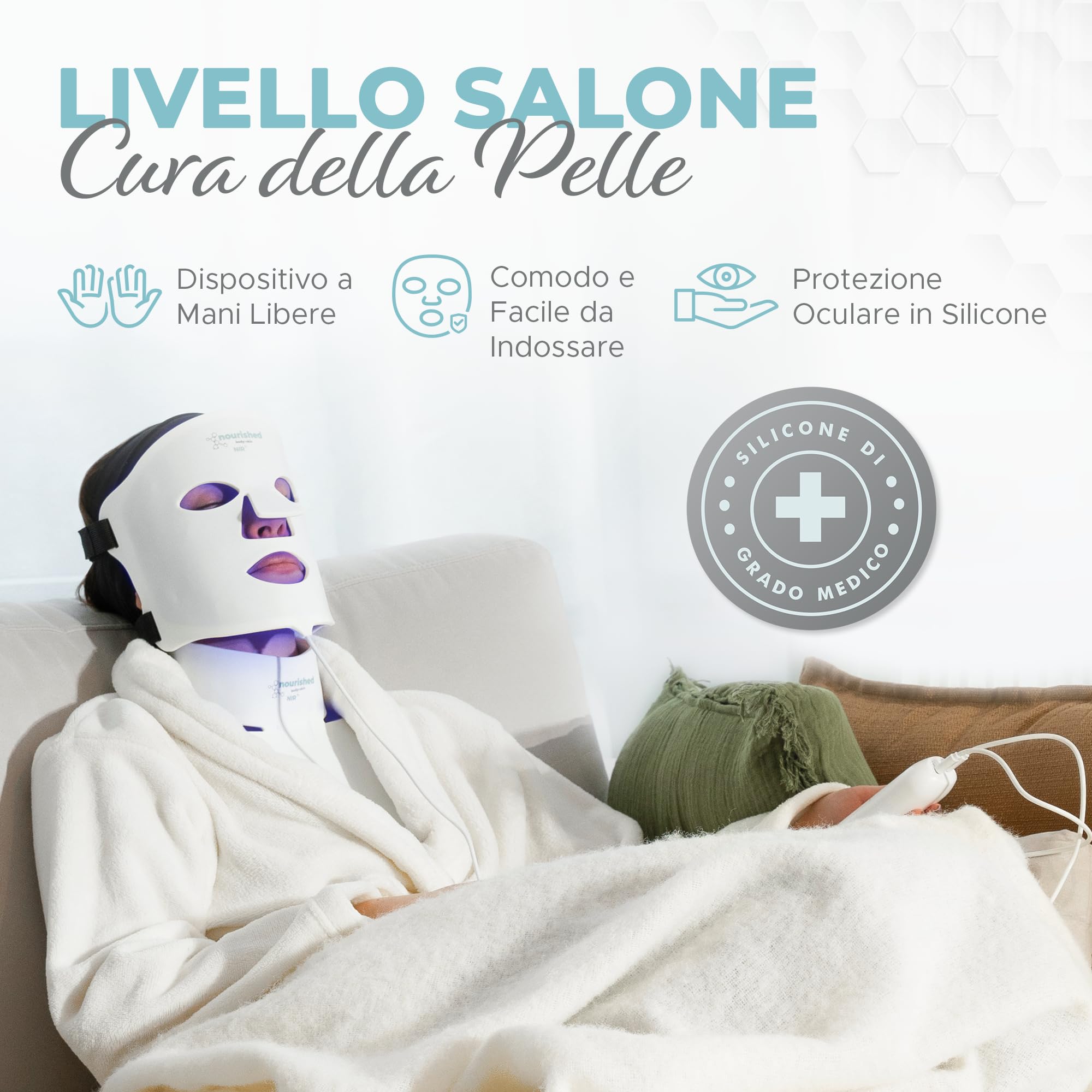 Nourished Bodynskin Maschera LED a 7 Colori per Viso e Collo con Infrarossi Vicini - Terapia della Luce Blu, Rossa per il Viso - 912 LED - Strumento per la Cura della Pelle Anti-Età