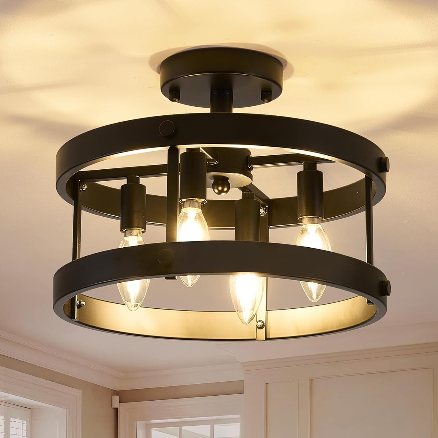 Modern Black fixtures light Close to Ceiling,Farmhouse 4-Light Semi-Flush Mount Pendant Light,Industrial Metal Ceiling Light for Kitchen Entryway Dining Laundry Room Dining Room Hallway UL-Listed