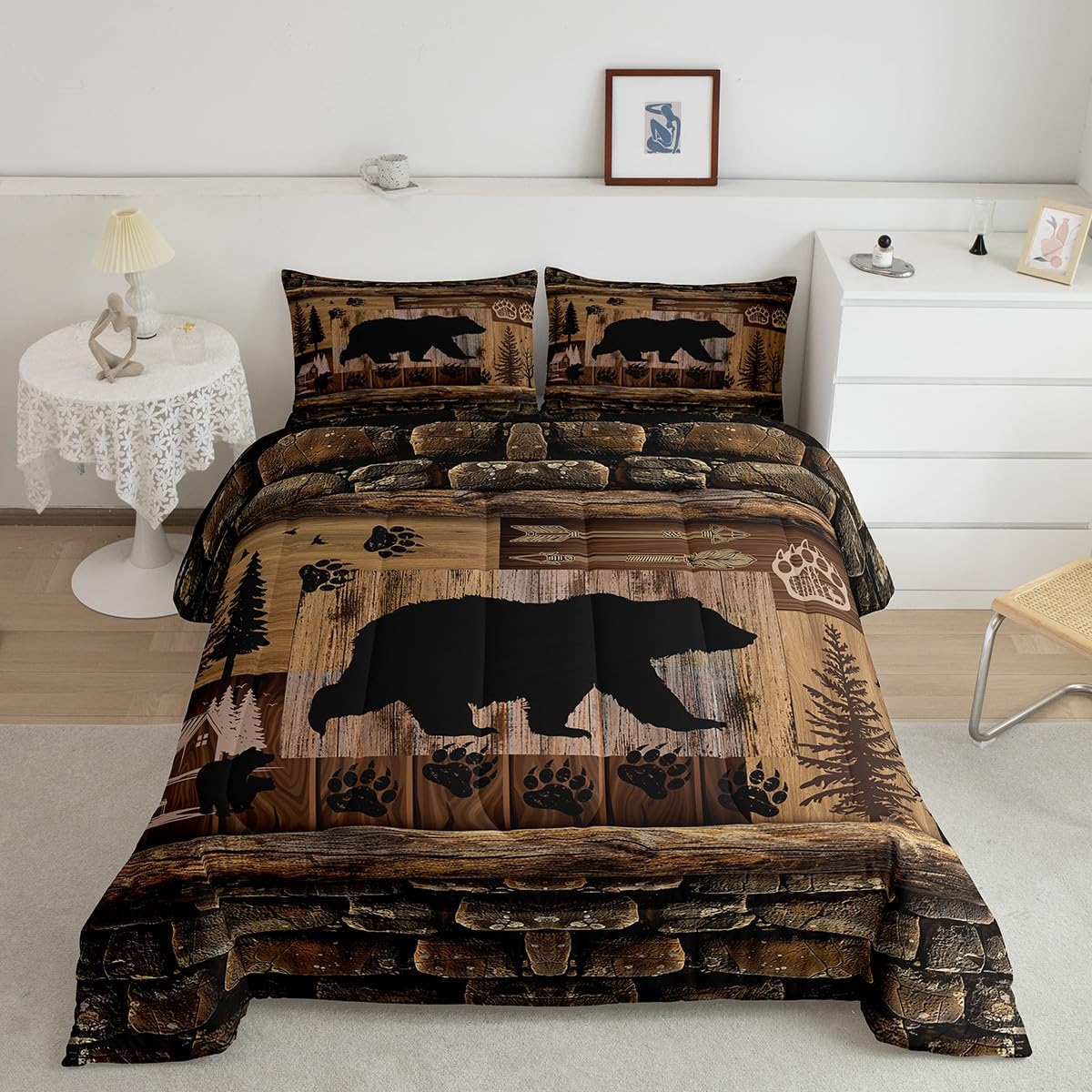 Feelyou Cute Bear Bedding Set - Twin Size Rustic Cabin Country Comforter Set, Paw Wildlife Bear Duvet Set Room Decor Quilt Set