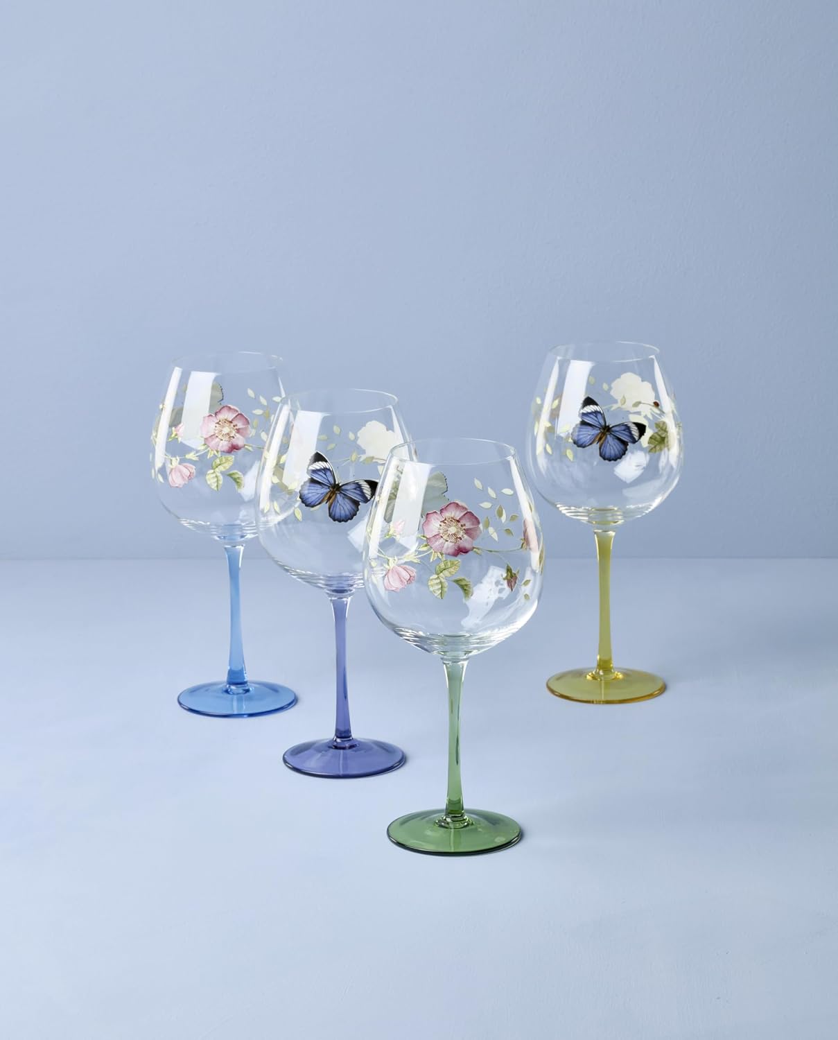 Lenox Wine Glass Set, Butterfly Meadow Balloon Wine Glasses Set of 4, Assorted, Glassware, Glass Cups, Drinking Glasses, Wedding Gifts, Bridal Shower Gifts (Assorted, 4 Pieces, 26 Oz)
