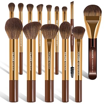 MAANGE 14-Piece Makeup Brush Set with Aluminum Ferrule- Premium Synthetic Makeup Brushes Kit Foundation Powder Brush Eye Shadow for Beginners & ProfessionalsGold Coffee