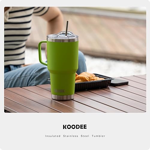 Miniatura 7 de koodee Vaso de 30 onzas con tapa y pajilla, acero inoxidable con aislamiento de doble pared, vaso de viaje para agua y agua con asa (verde manzana)