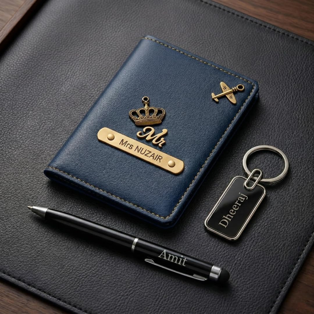 Personalised Leather Passport Cover with Engraved Pen and Keychain, Black, Gift Set (Blue)-image-0