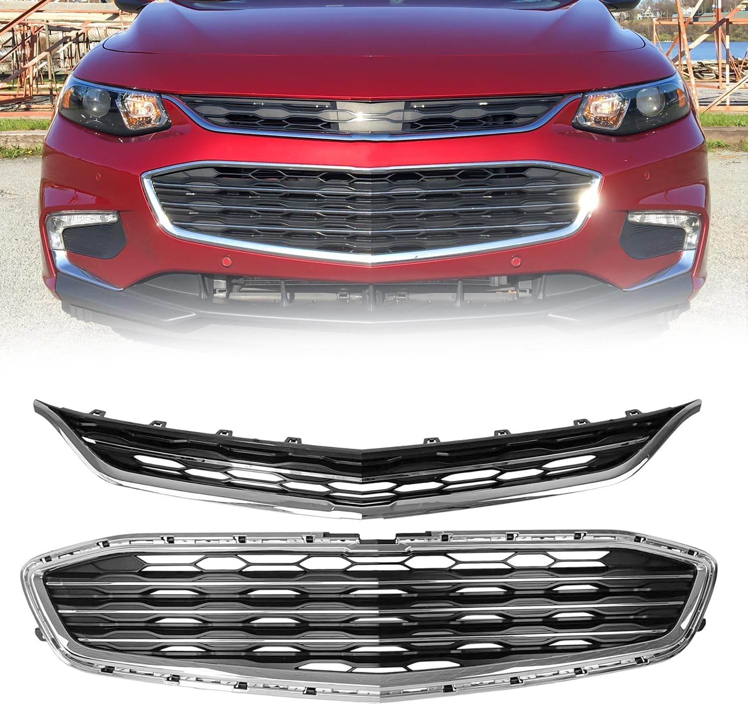 Front Upper and Lower Honeycomb Mesh Bumper Grille Black Shell Compatible with 2016-2018 Chevrolet Chevy Malibu US Built