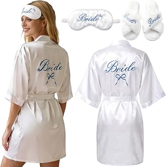 Bride Dressing Gown Set Bride Gifts with White Satin V-Neck Robe Wedding Slippers Sleep Eye Mask for Bridal Wedding Proposal Shower Party