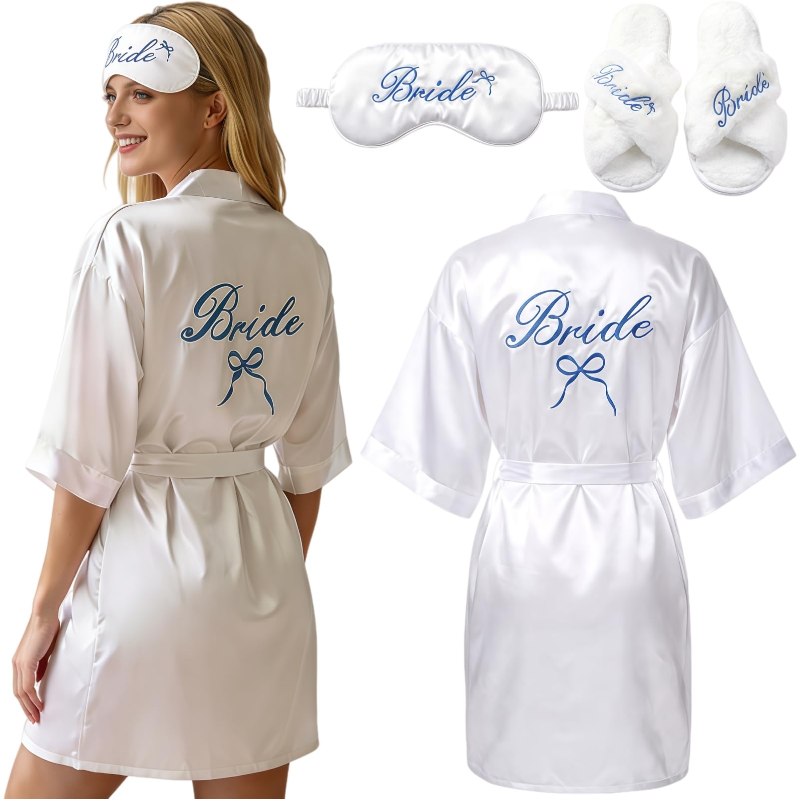 Maazusa Bride Dressing Gown Set Bride Gifts with White Satin V-Neck Robe Wedding Slippers Sleep Eye Mask for Bridal Wedding Proposal Shower Party